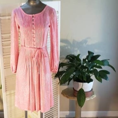 Vintage 70s/80s Pink Dress w/Belt Tucks Johnston of Florida 