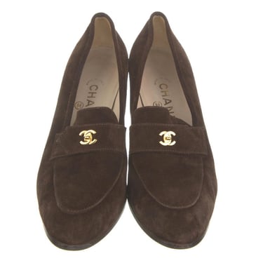 Vintage CHANEL CC Gold TURNLOCK Logo Brown Suede Leather Loafers Heels 39 / 8 - 8.5 