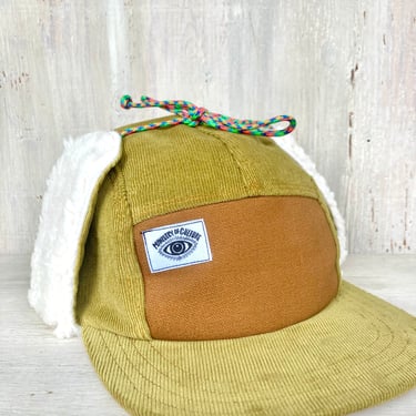 Ear Flap Hat, Moss Green Corduroy Handmade 5 Panel Camp Hat, Winter Baseball Cap, Moldable Brim five panel hat, Snap Back ball cap 