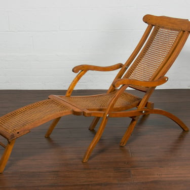 Antique French Campaign Style Folding Cane Steamed Beech Lounge Chair 