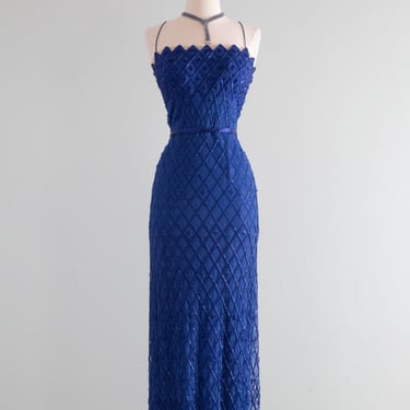 Spectacular 1950's Sapphire Blue Beaded Evening Gown By Ernest Newman / Medium
