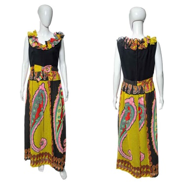 1970's Miss Elliette Multicolor Abstract Printed Maxi Dress Size M/L