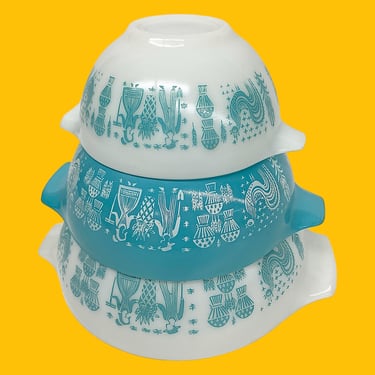 Vintage Pyrex Nesting Bowls Retro 1950s Mid Century Modern + Butterprint (White On Turquoise) + Ceramic + Set of 3 + Cinderella + Kitchen 