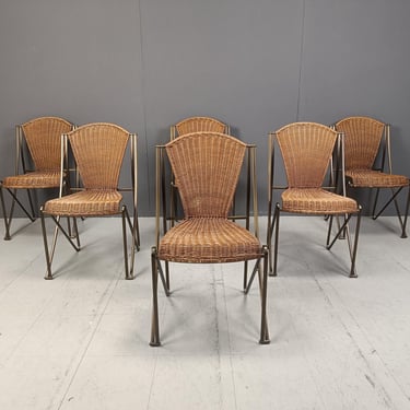 Set of 6 Abanica chairs in wicker by Oscar Tusquets for Aleph, 1990s - vintage side chairs - wicker chairs - metal chairs 