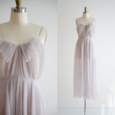 sheer nightgown 70s vintage lavender gray pleated chiffon lingerie 