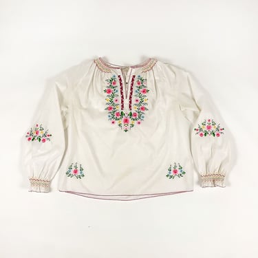 Vintage Smocked Embroidered Floral Peasant Blouse / Switzerland / Size 44 / 1940s / 40s / 50s / Floaty / Cotton / Semi Sheer / Hungarian 