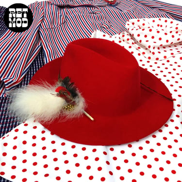 Fantastic Vintage 70s Red Felt Brim Hat with Statement Feathers 