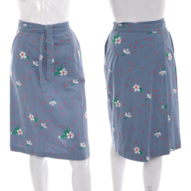 1970's Malia Blue and White Painted Floral Print Skirt Size S