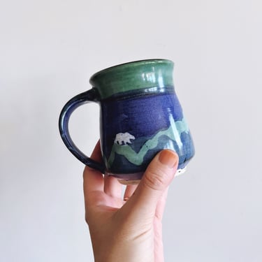 Vintage Glazed Ceramic Handmade Mug with Polar Bear and Moon 