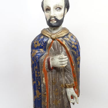 Antique 1800's Polychrome Santos with Glass Eyes, Hand Carved Hand Painted Saint, Vintage Religious Folk Art, Gold Highlights 
