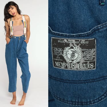 90s Overalls Pants Suspender Jeans Memphis Blues 1990s Denim Pants Dungarees Long Blue Vintage Carpenter Boyfriend Medium 