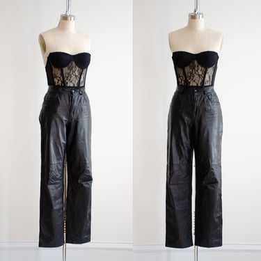 black leather pants 80s vintage high waisted grunge goth straight leg leather trousers 