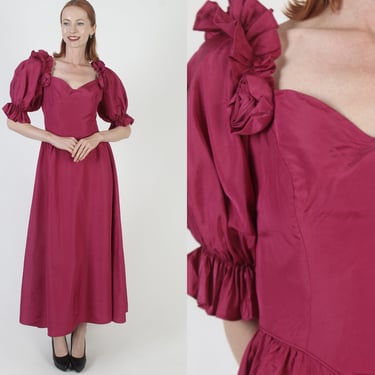 Dance Allure 80s Prom Gown/ 19th Century Style Romantic Dress / Vintage Burgundy Western Saloon Outfit / Off The Shoulder Bridesmaid 