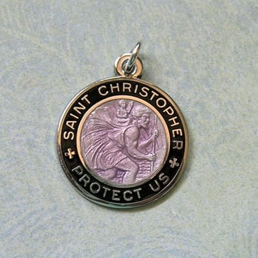 Vintage Sterling Black and Purple Enamel Saint Christopher Pendant, Old St. Christopher Medal, St. Christopher Religious Medal (#4198) 