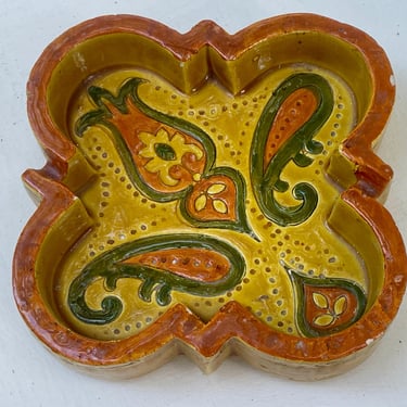 Vintage MCM Ceramic Ashtray, in Mustard with Paisley, by Aldo Londi for Bitossi, Italy circa 1960s 