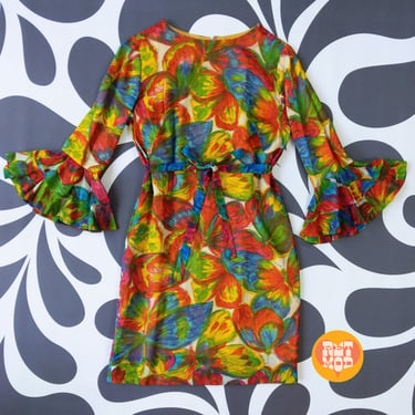 Absolutely Gorgeous Vintage 60s 70s Colorful Rainbow Butterfly Psychedelic Mod Mini Shift Dress with Huge Ruffle Sleeves 