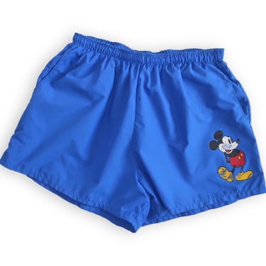 vintage swim shorts / Mickey Mouse shorts / 1990s Mickey Mouse blue nylon mesh lined elastic waist swim trunks Small 