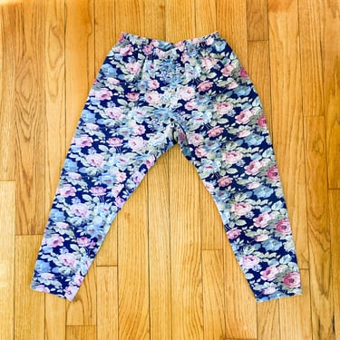 80s Romantic Rose Navy Pink Green Printed Cropped Leggings | Extra Small/Small/Medium 
