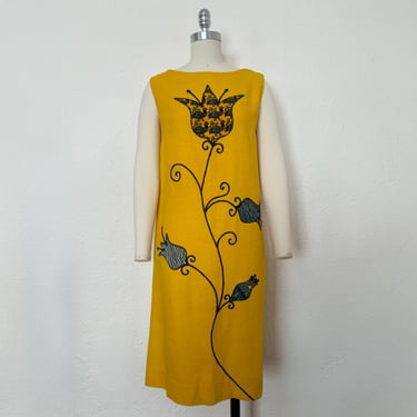1960s Mustard Silk Shift Dress by Crazy Horse, Small to Medium | 60s Vintage Floral Applique Sun Dress (S, M, 38-35-36) 