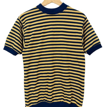 Vintage 60's 70's Blue Orange Striped Fleece Lined Short Sleeve Sweatshirt S/M