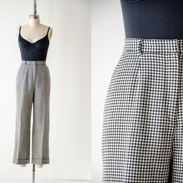 high waisted pants | 90s y2k vintage black cream houndstooth plaid wool dark academia style straight leg trousers 