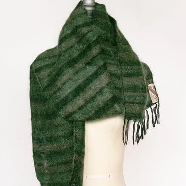 1960s Scarf Mohair Wool Green Stripe Knit Wrap 