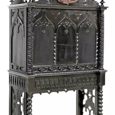 Antique Secretary, Continental Gothic Revival, Black Painted, Armorial, Fall-Front, 1800s