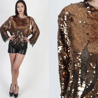 Vintage 80s Oleg Cassini Sequin Top, Vintage 1980s Sheer Black Silk Blouse, Shiny Copper Metallic Cocktail Evening New Years Party Blouse 