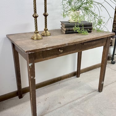 Small Rustic Antique Desk Table Solid Oak Dark Stain Modern Farmhouse Style Apartment Living Industrial Single Drawer Art Table Microwave 