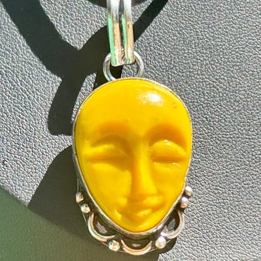 Sterling Silver Pendant Necklace Yellow Plastic Face Black Cord Vintage Retro jewelry 