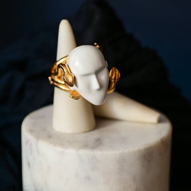 Gold Plated Sterling Silver Serpents and Porcelain Face Ring
