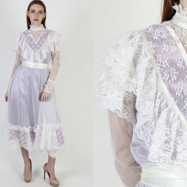19th Century Style Romantic Dress / Vintage 70s Western Saloon Dress / High Neck Violet Pioneer Woman 