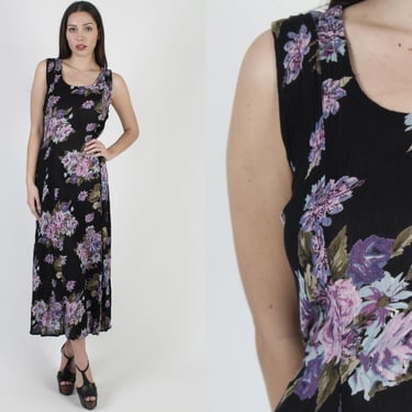 Vintage 90s Black Roses Floral Dress / Lilac Gypsy Grunge Festival Dress / 1990s Slim Fitting Babydoll Maxi Dress 