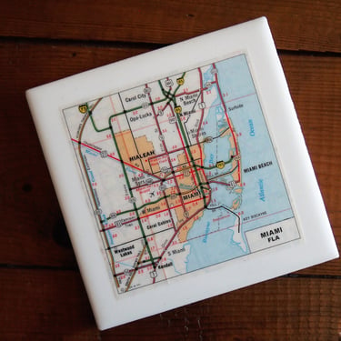 1988 Vintage Miami Florida Map Coaster. Miami Map Gift. Housewarming Florida. Miami Beach Map. Florida Décor Coastal. Biscayne Bay. Hialeah. 