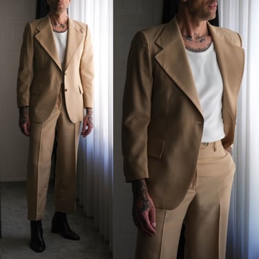 Vintage 70s PIERRE CARDIN BOUTIQUE Tan Wool Ultra Wide Lapel Flare Cuffed Leg Suit | Made in France | 100% Wool | 1970s French Designer Suit 