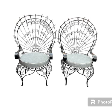 Pair of vintage Salterini style twisted metal peacock chairs 