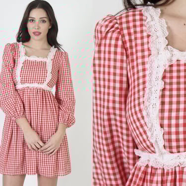 70s Red Gingham Dress / Americana Picnic Saloon Outfit