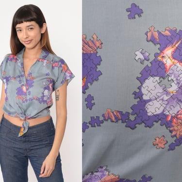 Tropical Bird Shirt 80s 90s Puzzle Pieces Shirt Tie Waist Floral Jungle Button Up Top Vintage 1980s Short Sleeve Grey Purple Rayon Small 