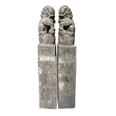 Chinese Pair Gray Stone Fengshui Foo Dogs Lion Slim Pole Statues cs7614E 
