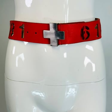 Norma Kamali Red Leather Novelty Numbers Belt with Silver Cross Buckle S-M