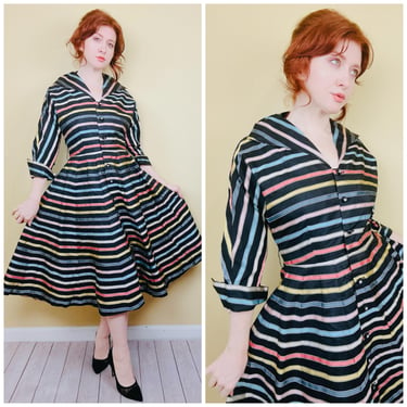 1950s New Look Style Rainbow Ribbon Striped Dress / 50s Taffeta Fit and Flare Party Dress / Size Large 