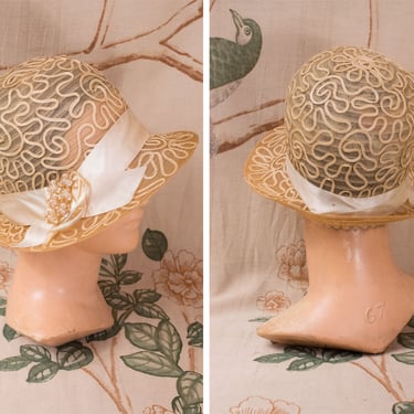 1920s Hat - Gorgeous Early 20s Brimmed Cloche, Translucent Woven Horsehair with Soutache Summer Hat in Natural Hues 