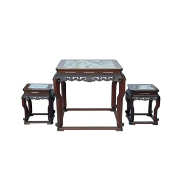 Vintage Chinese Square Marble Top 2 Stools Tea Table Set cs7828E 