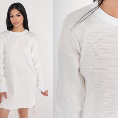 White Thermal Shirt 80s Hanes Long Sleeve Undershirt Retro Layering T-Shirt Basic Pajama Mini Dress Sleep Shirt Vintage 1980s 2xl xxl long 