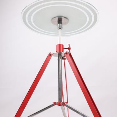 Vintage Tripod Glass Table | Red and Steel Industrial Side Table | Adjustable Height Foldable Design 