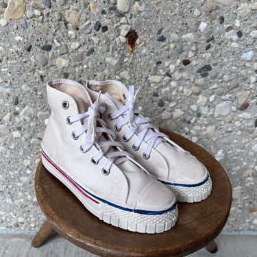Kid Vintage Off White Canvas HI Top Sneakers | 60s Tennies USA MADE | Red stripe 11 12 12.5 