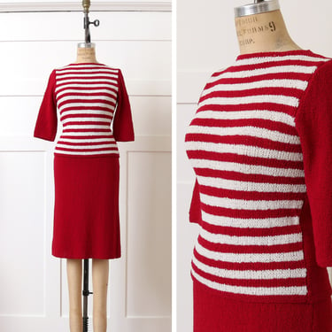 vintage 1940s knit dress set • red & white striped sweater top and matched skirt 