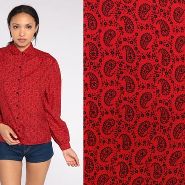 Red Paisley Blouse 80s Peter Pan Collar Button Up Shirt Long Puff Sleeve Top Hippie Psychedelic Festival Boho 1980s Vintage Bohemian Medium 