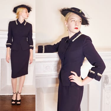1940s 1950s Navy Blue Wool Skirt Suit w-Beaded Embroidery Bramson Small 