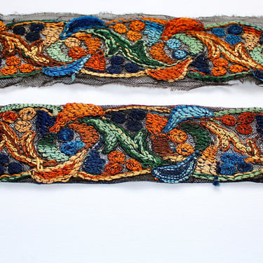 Art Deco Embroidered Lace Netting Trim Vibrant Multi Color Cotton Dress Panel 34.5